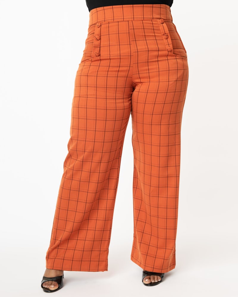 Front of a model wearing a size 3X Unique Vintage Orange Windowpane High Waist Ginger Pants in Orange by Unique Vintage. | dia_product_style_image_id:302424